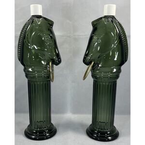 AVON Pony Post Decanter, Leather After Shave Lotion Glass Bottle, Green Lot Of 2
